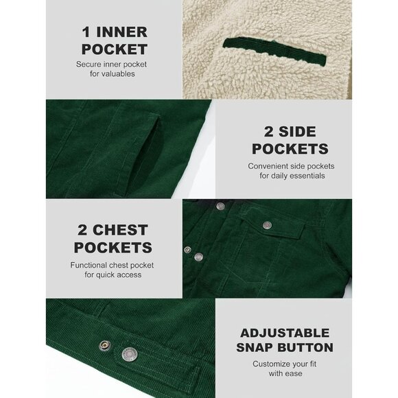 Mens Emerald Green Corduroy Jacket Sherpa Lined Warm Winter Trucker Cargo Coat - Picture 6 of 7